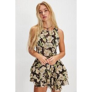 Free People Raven Printed Mini Dress Black Coffee Combo Green Floral L NWT
